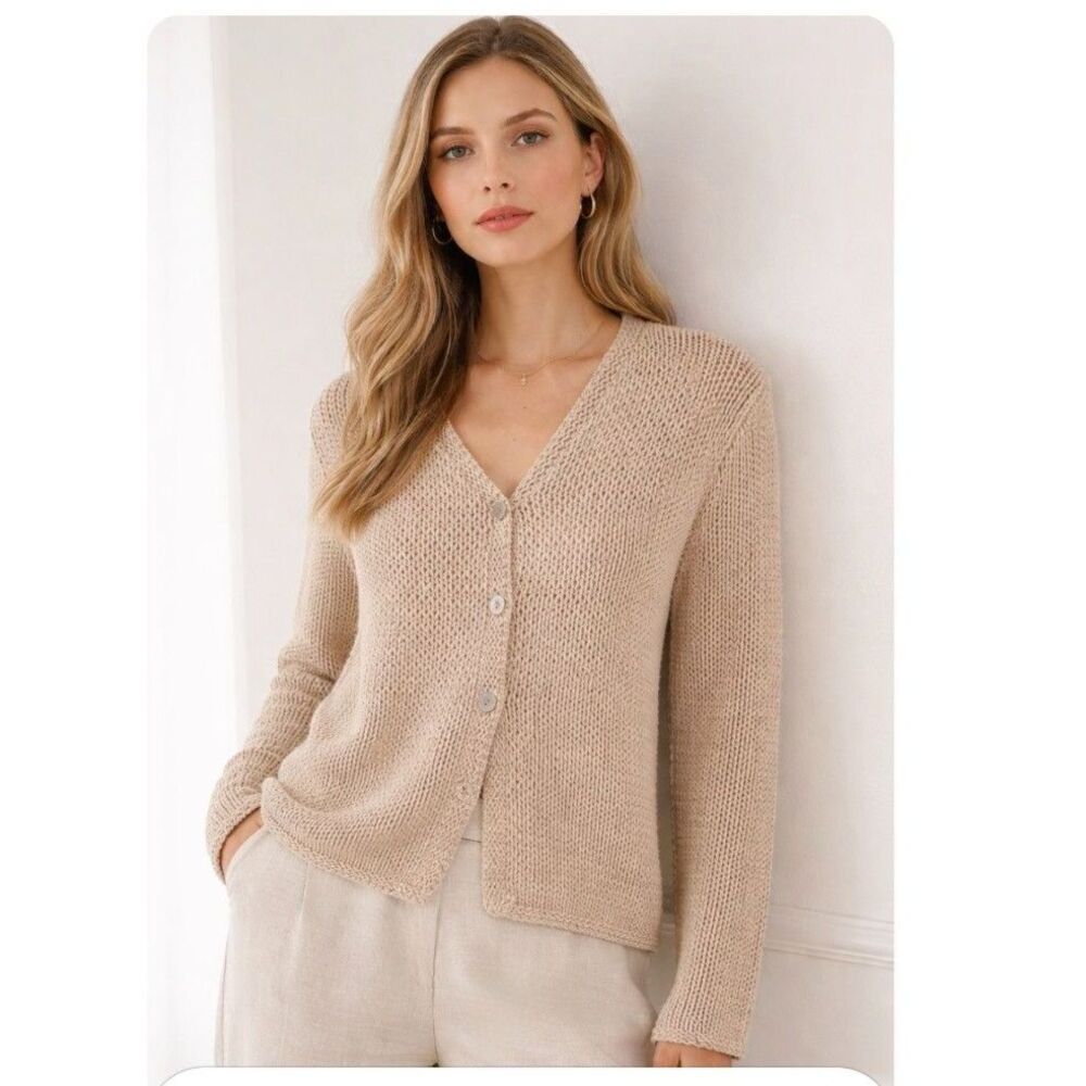 Erik Stewart Cotton Chunky Knit V Neck Cardigan in Creamy Beige L